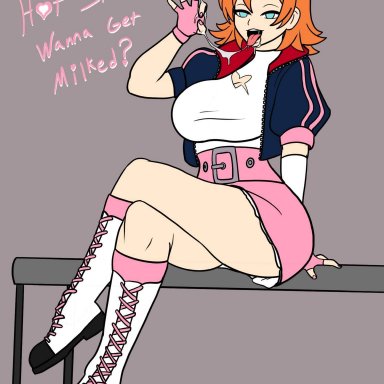 rwby, nora valkyrie, soundwaveslut, -large breasts, 1girls, aqua eyes, breasts, crossed legs, fellatio gesture, female only, knee boots, lace-up boots, laced boots, oral invitation, orange hair