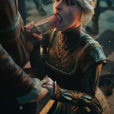 cd projekt red, the witcher (series), the witcher 3: wild hunt, ciri, ceeeeekc, 1boys, 1girls, blowjob, clothed female, clothed sex, cum, cum in mouth, eyeshadow, fellatio, green eyes