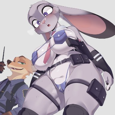 zootopia, judy hopps, nick wilde, cervina7 (artist), 1boy, 1girls, anthro, big breasts, bikini, breasts, clothing, female, female focus, fox, gun