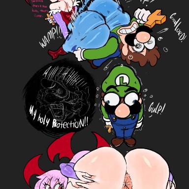 capcom, darkstalkers, luigi's mansion, mario (series), nintendo, lilith aensland, luigi, lemonadepikachu, 1boy, 1girls, anus, ass, big ass, big butt, blush