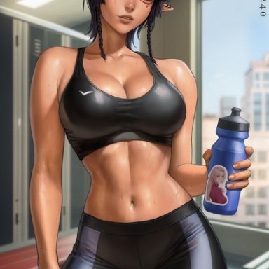 original, original character, valerie (sciamano240), sciamano240, 1girls, breasts, elf, elf ears, elf female, facial markings, female, gym, gym clothes, holding object, indoors