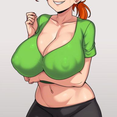 the fairly oddparents, vicky (fairly odd parents), jmg, 1girls, babysitter, blush, cameltoe, cleavage, female, female only, ginger, holding breast, hotpants, hourglass figure, large breasts