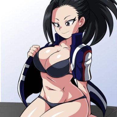 my hero academia, momo yaoyorozu, lewdamone, big breasts, breasts, cleavage, female, open clothes, open shirt, sitting, sports uniform, thick thighs, thighs, u.a. gym uniform, unzipped