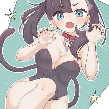 nintendo, pokemon, pokemon ss, marnie (pokemon), n2ewu, 1girls, black hair, black leotard, blue eyes, breasts, cat ears, cat tail, catgirl, collar, earrings