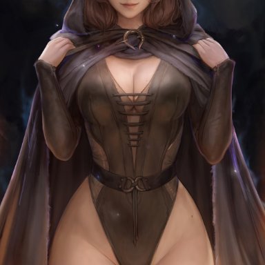 elden ring, fromsoftware, melina (elden ring), kittew, 1girls, ass visible through thighs, big breasts, child bearing hips, cleavage, female, female only, leotard, light-skinned female, light skin, looking at viewer