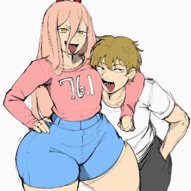 chainsaw man, denji (chainsaw man), power (chainsaw man), blackwhiplash, best friends, blonde hair, femboy, hugging, red eyes, sharp teeth, shorts, thick thighs, tongue out, yellow eyes, colored