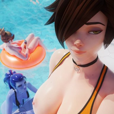 overwatch, d.va, tracer, widowmaker, 4th rate, 3girls, big breasts, breasts, closed mouth, female, female focus, female only, legs, mouth closed, nipples