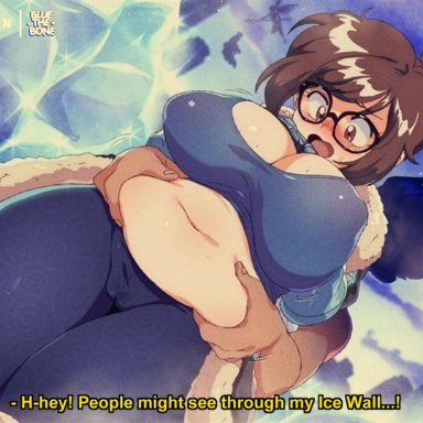 overwatch, mei (overwatch), bluethebone, 1girls, asian female, belly grab, blush, breasts, brown eyes, brown hair, chubby, chubby female, embarrassed, female, glasses