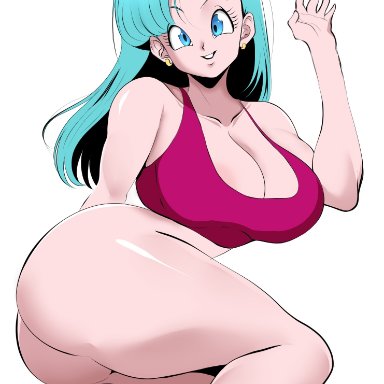 dragon ball, dragon ball z, shounen jump, bulma briefs, powkasa, 1girls, big breasts, blue eyes, blue hair, blush, breasts, erect nipples, exhibitionism, eye contact, female