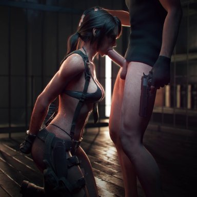 konami, metal gear (series), metal gear solid, metal gear solid v, quiet (metal gear), audiodude, vgerotica, blowjob, breasts, brown hair, clothed, clothed sex, clothing, cowgirl position, deepthroat