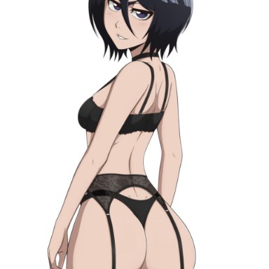 bleach, kuchiki rukia, mistowing, 1girls, ass, ass focus, back view, big ass, black hair, bra, bubble butt, dat ass, female, female only, garter belt