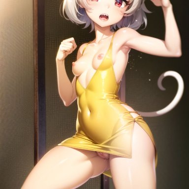 touhou, nazrin, stable diffusion, 1girls, animal ears, breasts, cameltoe, dress, erect nipples, female only, light skin, mouse, nipple bulge, nipples, open mouth