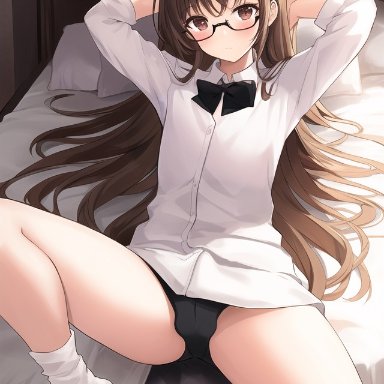 armure, nai diffusion, stable diffusion, 1boy, 1femboy, 1male, androgynous, balls, balls in panties, bed, bedroom, black bow, black panties, blush, bottomless