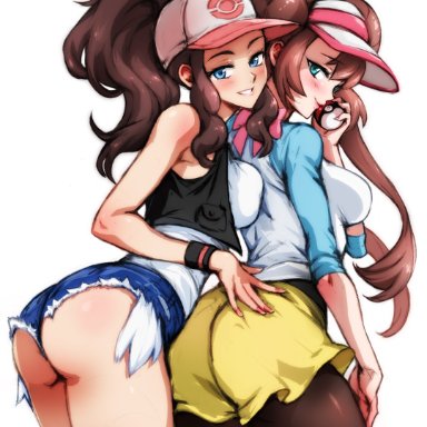 pokemon, pokemon bw, pokemon bw2, hilda (pokemon), rosa (pokemon), minacream, 2girls, ass, bare shoulders, big ass, big breasts, black legwear, black pantyhose, blue eyes, blush