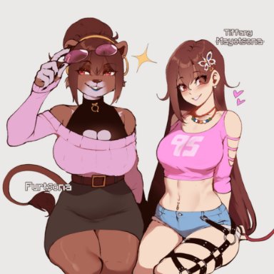 fur-tsona (nyantcha), tsona (nyantcha), thiccwithaq, 2girls, anthro, anthrofied, big breasts, blue lipstick, blush, brown hair, clone, female, female only, heart, human