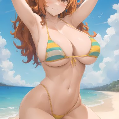 one piece, nami (one piece), amiral ai, 1girls, beach, bikini, breasts, cleavage, female, huge breasts, kneeling, large breasts, light-skinned female, light skin, orange hair