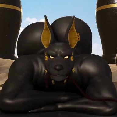 egyptian mythology, middle eastern mythology, mythology, anubis, moreuselesssource, moreuselesssource (artist), 1boy, anthro, ass expansion, ass up, biceps, blinking, bouncing ass, bouncing butt, bubble butt