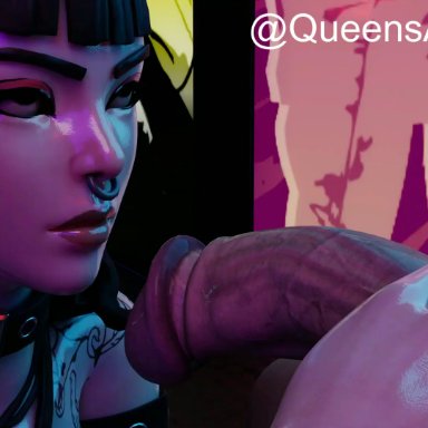 fortnite, fortnite: battle royale, phaedra (fortnite), cinderdryadva, lerico213, queensanimation, 1boy, 1boy1girl, 1girls, bare shoulders, big penis, black hair, blowjob, choker, close-up