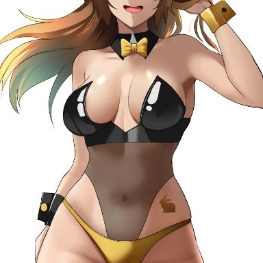rwby, velvet scarlatina, lainart, 1girls, ;d, breasts, brown hair, bunny ears, bunny girl, bunnysuit, female, female only, large breasts, looking at viewer, one eye closed