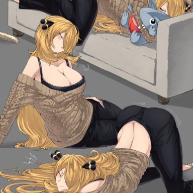 game freak, nintendo, pokemon, pokemon dppt, cynthia (pokemon), gible, suzusiigasuki, ass, bangs, blonde hair, bra, breasts, couch, exposed shoulders, female