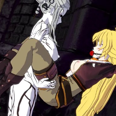 rooster teeth, rwby, salem (rwby), yang xiao long, sfmslayer, angry, ass, ball gag, black sclera, blonde hair, body markings, bondage, boots, breasts, clothed sex