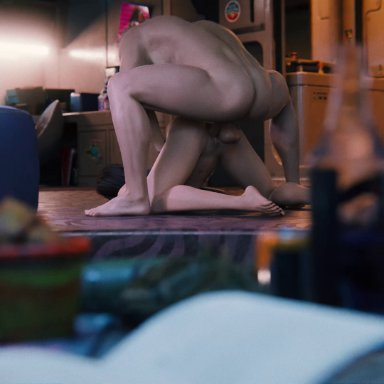 cyberpunk 2077, v (cyberpunk 2077), valerie (cyberpunk 2077), redhot, athletic female, cum on back, cum on body, cumshot, doggy style, doggy style position, doggystyle position, floor, floor sex, glowing eyes, groping