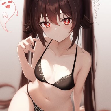 genshin impact, hu tao (genshin impact), 1girls, bare shoulders, belly, belly button, black bra, black panties, blush, bra, breasts, brown hair, female, female only, ghost