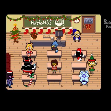 christmas, deltarune, holidays, undertale, undertale (series), alphys, berdly, catti (deltarune), jockington (deltarune), kris (deltarune), monster kid, noelle holiday, susie (deltarune), temmie (undertale), suicidalpixel