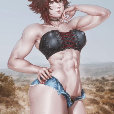 rwby, ruby rose, prinzkuon, 1girls, abs, breasts, cleavage, female, female only, muscles, muscular, muscular female, solo