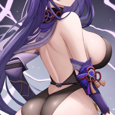 genshin impact, raiden shogun, alternate costume, ass, ass focus, bare shoulders, blush, breasts, female, from behind, hair ornament, hairpin, huge ass, large breasts, leotard