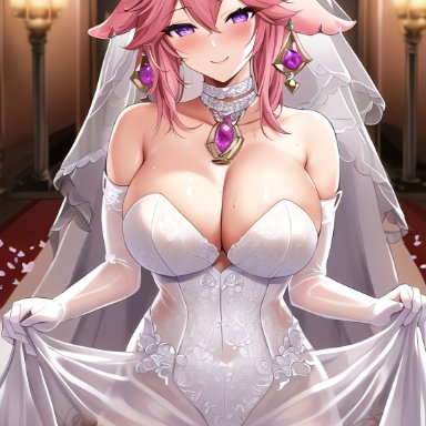 genshin impact, yae miko, stable diffusion, 1girls, breasts, bride, cleavage, female, fox ears, fox girl, hips, huge breasts, kitsune, long hair, looking at viewer