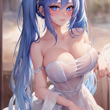 league of legends, sona buvelle, nai diffusion, stable diffusion, 1girl, bangs, blush, blushing, bride, cleavage, dress, female, flower in hair, jewelry, large breasts
