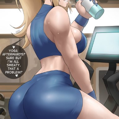 metroid, nintendo, samus aran, echosaber, 1girls, ass, big ass, big breasts, big butt, blonde hair, blue eyes, breasts, dat ass, female, gym