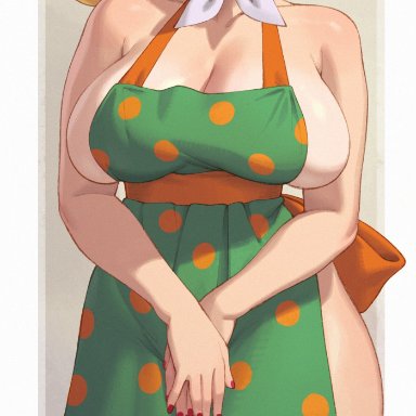 nintendo, skyward sword, the legend of zelda, peatrice, rizdraws, 1girls, apron, apron only, beauty mark, blonde hair, breasts, female, hips, huge breasts, light skin