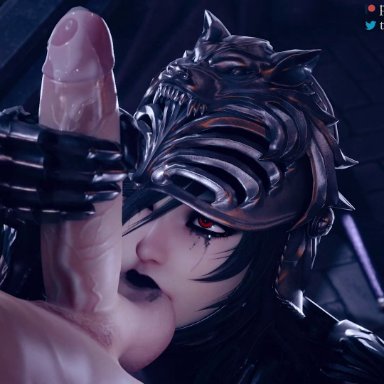 soul calibur, hildegard von krone, bouquetman, 1boy, 1girls, armor, ball sucking, balls, big penis, black hair, cum, female, goth, handjob, lipstick