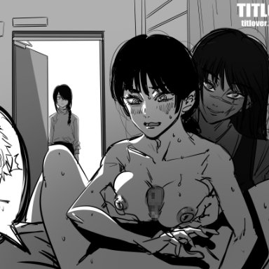 chainsaw man, denji (chainsaw man), mitaka asa, nayuta (chainsaw man), yoru (chainsaw man), titlover, 1boy, 3girls, being watched, blush, braided hair, breasts, eye contact, long hair, looking at viewer