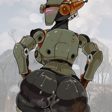 bethesda softworks, fallout, fallout 4, assaultron, imadeej, 1girls, ass, back, back view, backboob, big ass, big breasts, blush, breasts, cum