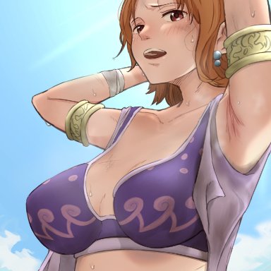 one piece, nami, love tororon, areolae, armpits, arms up, blue sky, blush, bra, bracelet, breasts, brown eyes, cleavage, cloud, collarbone