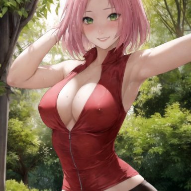 naruto, naruto (series), naruto shippuden, sakura haruno, nai diffusion, stable diffusion, blush, breasts, eyeshadow, green eyes, lipstick, long hair, looking at viewer, makeup, pink hair