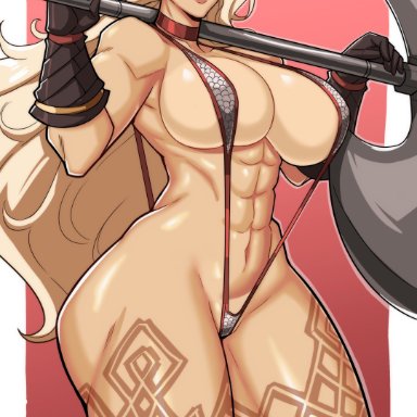 dragon's crown, amazon (dragon's crown), alecto 0, 1girls, abs, axe, big breasts, bikini armor, blonde hair, blue eyes, enormous breasts, female, female only, gloves, huge breasts