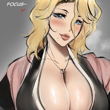 bleach, matsumoto rangiku, almualim, 1girls, alternate hair color, alternate hairstyle, big breasts, blowjob, blue eyes, blush, breast focus, breasts, busty, center opening, cleavage