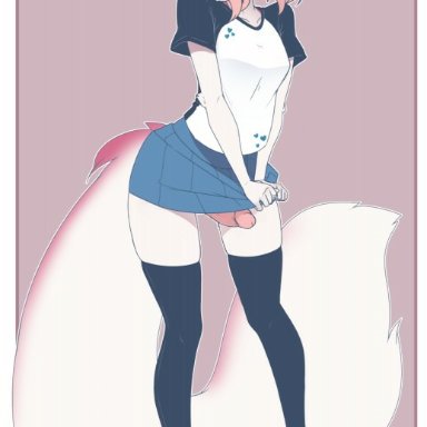 suelix, 1futa, ambiguous gender, animal ears, animal nose, anthro, ashamed, big tail, black sleeves, black thighhighs, blue eyes, blush, blushing at viewer, breasts, casual clothes