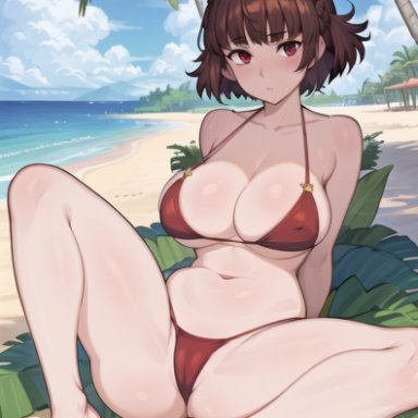 persona, persona 5, makoto niijima, stable diffusion, 1girls, arm support, arms behind back, ass, ass visible through thighs, background, beach, beach background, belly, belly button, big ass