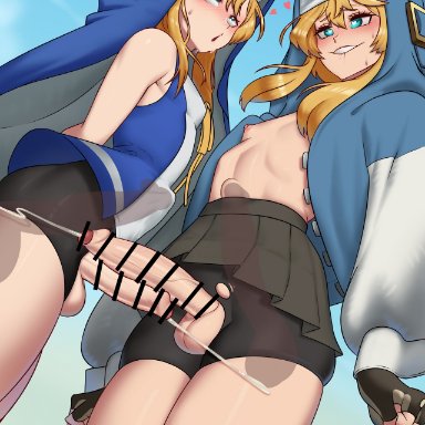 guilty gear, guilty gear strive, guilty gear xx, bridget, zipsha, 2boys, abs, anal, androgyne symbol, aqua eyes, bike shorts, bike shorts under skirt, biting, biting lip, black gloves