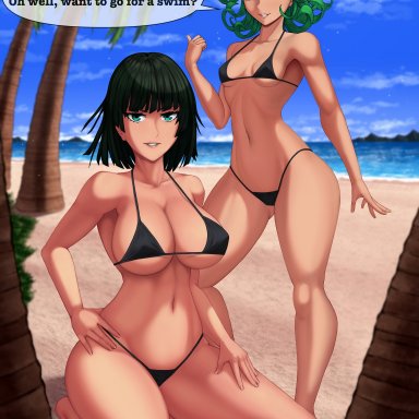 one-punch man, fubuki (one-punch man), tatsumaki, rocky-ace, 2girls, alternate costume, big breasts, bikini, bikini bottom, bikini top, black bikini, bottomwear, breasts, cleavage, dark green hair