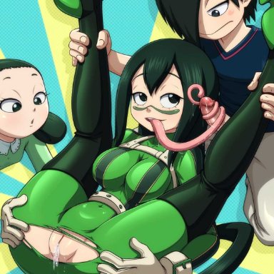 boku no hero academia, my hero academia, samidare asui, satsuki asui, tsuyu asui, reit, 1boy, 2girls, incest, licking, licking penis, long tongue, open legs, open mouth, siblings