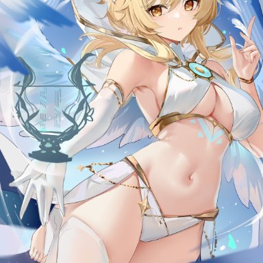 genshin impact, lumine (genshin impact), loki1998, 1girls, blonde hair, female, female only, gloves, hair ornament, looking at viewer, medium breasts, midriff, navel, solo, solo female