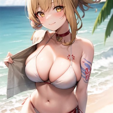 genshin impact, yoimiya (genshin impact), nai diffusion, stable diffusion, beach, blonde hair, blush, breasts, busty, choker, cleavage, curvy, curvy body, curvy female, large breasts