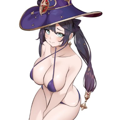 genshin impact, mona (genshin impact), zuyuzuyu6, breasts, female, female only, hat, solo, tagme