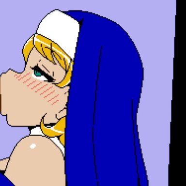 jermaneels, 1boy, 1girls, blonde hair, blue eyes, blush, cum, cum on face, facial, fellatio, nun, slut, 2d, 2d animation, animated